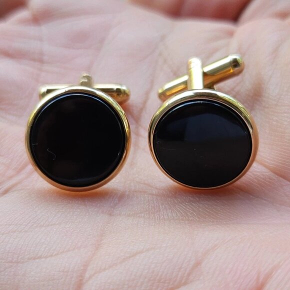 Men Shirt Cuff Links Gold Tone Fashion Men Jewelry Black Centered Cufflinks - Picture 11 of 11